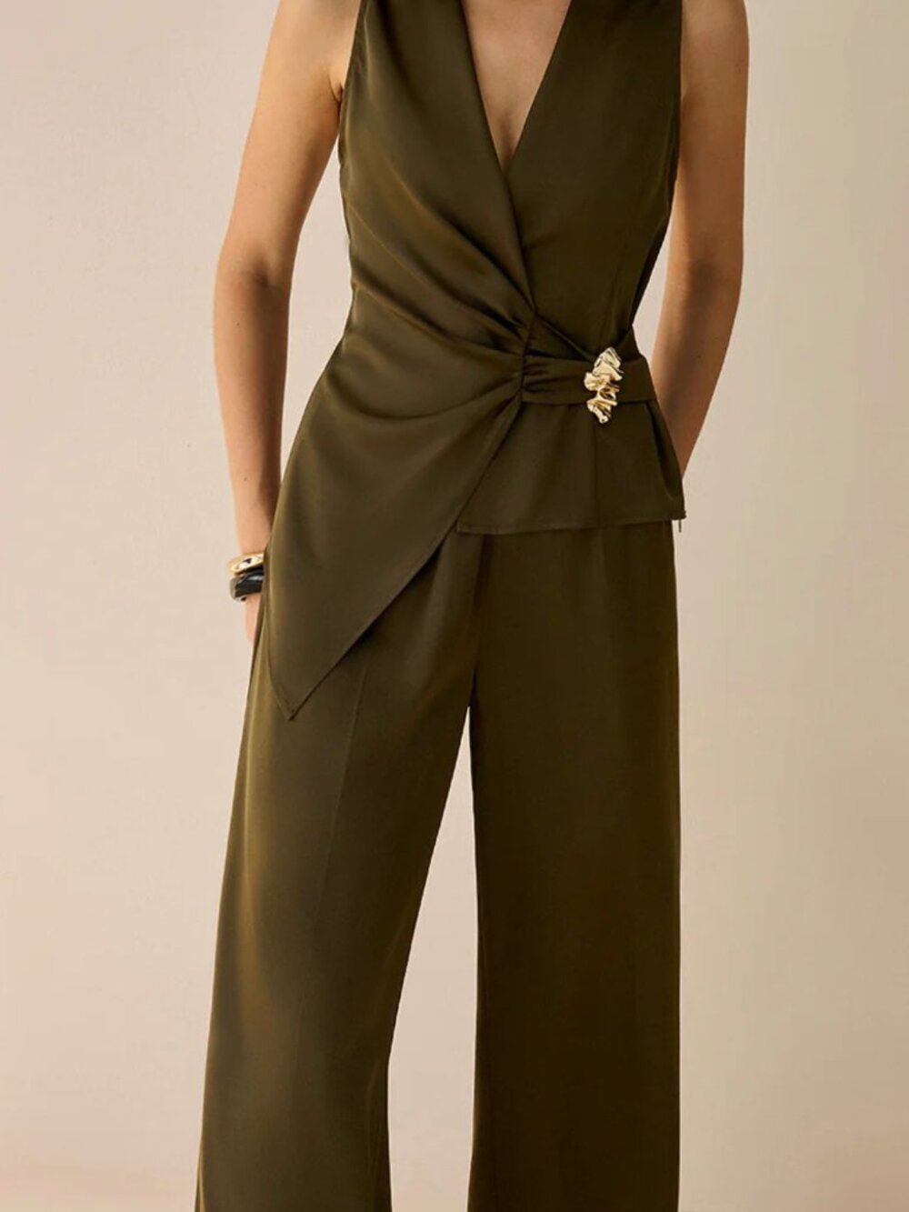 NWT COMMENSE Asymmetric Wrap Top and Pants Set Dark Green Size M